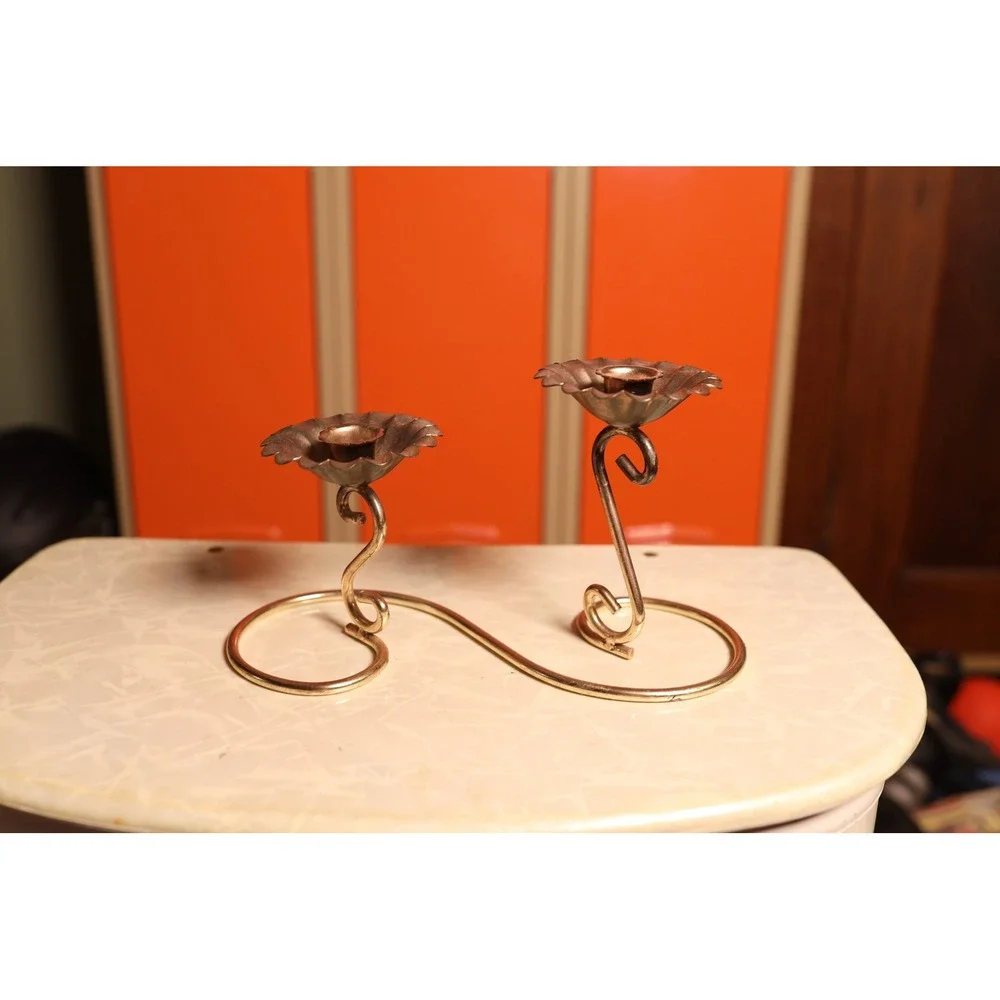 Vintage Gold Metal Double Flower Candlestick Holder MCM S-Curve Scalloped Cup‎